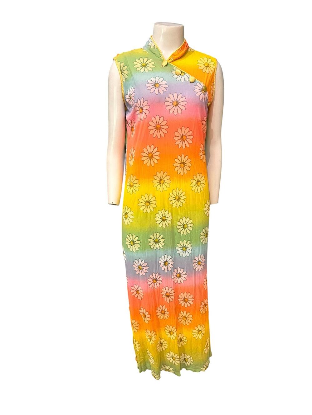 Vintage 70s Rainbow Daisy Cheongsam Maxi Dress M Flower Power Mod Hippie -
